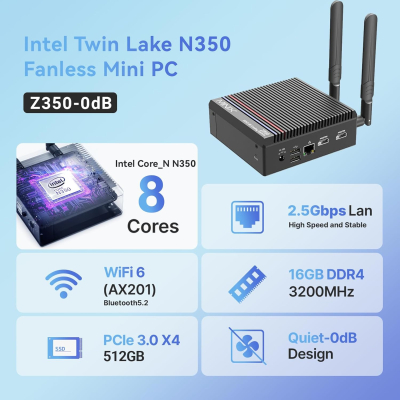 MINIX Fanless Mini PC Windows 11 Pro, Intel i3-N350, NEO Z350-0dB 16GB DDR4 512GB M.2 PCIe Gen3 x 4 SSD Micro Desktop Computer, 4K Dual Display/2.5G LAN, for Business Home...