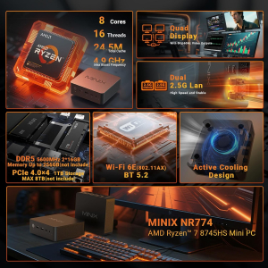 MINIX NR774 PC AMD Ryzen 7 8745HS with Radeon 780M 32GB DDR5 RAM 1TB PCIe 4.0 SSD USB4.0 Dual 2.5G LAN WiFi 6E BT5.2 8K Quad Display Support Windows 11 Pro Desktop Computer for...