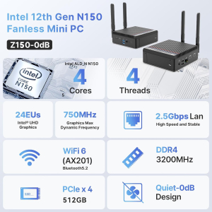 MINIX Z150-0dB Fanless Mini PC, Intel N150, 16GB DDR4, 512GB M.2 PCIe Gen3 x 4 NVMe SSD Mini Desktop Computer, 4K Dual Display/2.5G LAN/USB3.2/USB-C/Vesa Mount/Auto Power On for...