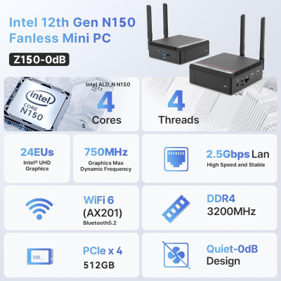 MINIX Z150-0dB Fanless Mini PC, Intel N150, 16GB DDR4, 512GB M.2 PCIe Gen3 x 4 NVMe SSD Mini Desktop Computer, 4K Dual Display/2.5G LAN/USB3.2/USB-C/Vesa Mount/Auto Power On for...