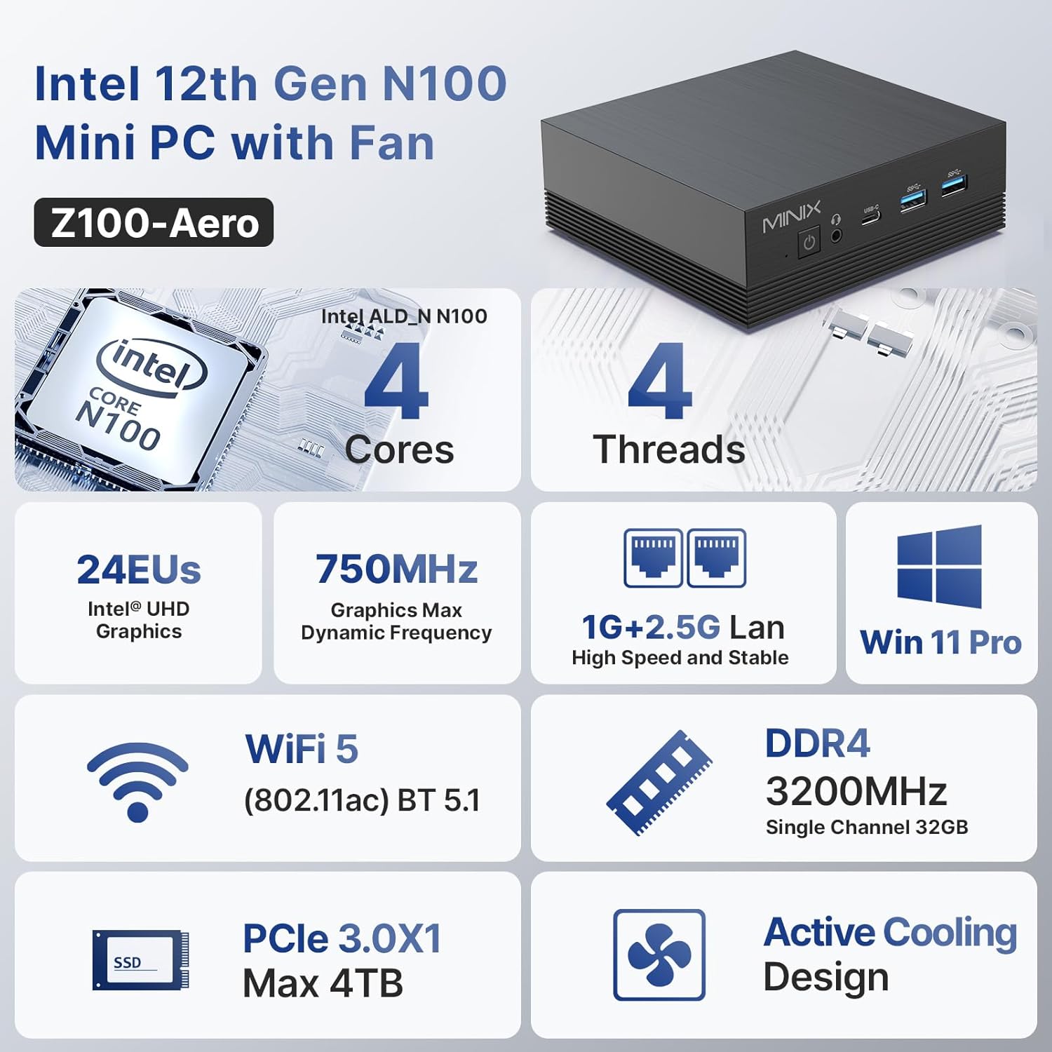 MINIX Z150-Aero Mini PC, Intel N150 (Upgraded N100), 16GB DDR4, 512GB ...