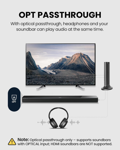 Avantree Opera Plus – Wireless Headphones for TV Watching, Clear Dialogue & Volume Boost for Seniors, Optical Soundbar Passthrough, Charging Transmitter Base