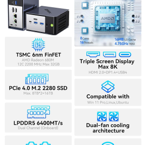 GMKtec K16 Mini PC Gaming Desktop Computer AMD Ryzen 7 7735HS (8C/12T 4.75Ghz) 32GB LPDDR5 6400MT/s RAM + 512GB Hard Drive SSD, Dual NIC LAN 2.5GbE, Oculink, USB4, HDMI, USB-C