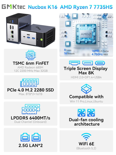 GMKtec K16 Mini PC Gaming Desktop Computer AMD Ryzen 7 7735HS (8C/12T 4.75Ghz) 32GB LPDDR5 6400MT/s RAM + 512GB Hard Drive SSD, Dual NIC LAN 2.5GbE, Oculink, USB4, HDMI, USB-C