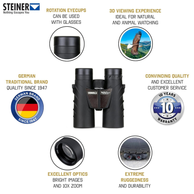 STEINER binoculars Safari UltraSharp 10x42 - German quality optics, bright, high-contrast, robust, ideal for travel, hiking, sports and nature observation
