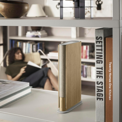 Bang & Olufsen Beosound Emerge – Compact Bookshelf Speaker, WiFi Bluetooth, Ultra-Wide Sound, Slim Design Home Speaker, Eco-responsible Circular Speaker - Gold Tone
