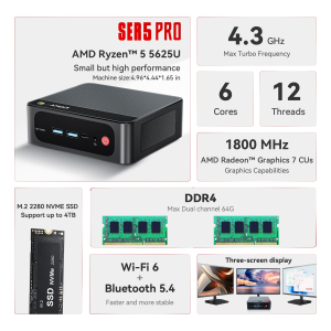 Beelink Mini PC SER5 Pro, AMD Ryzen 5 5625U(6C/12T,up to 4.3GHz), 16GB DDR4 480GB M.2 NVMe SSD Mini Computer Windows 11 Pro, 4K Triple Display HDMI/DP/Type-C, 2.5G LAN/WiFi6/BT5.2