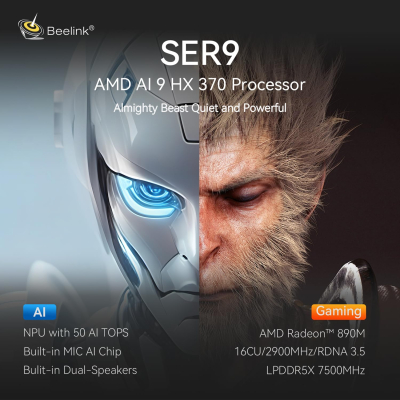 Beelink SER9 Pro Mini PC, AMD Ryzen AI 9 HX 370 (12C/24T up to 5.1GHz), 32GB LPDDR5X RAM 1TB M.2 PCIe4.0 SSD Mini Gaming Computer Windows 11 Pro, USB4.0/DP/HDMI/ 2.5G LAN/WiFi6...