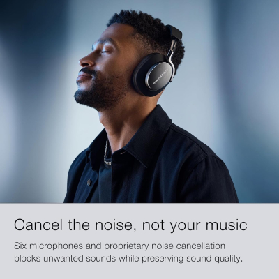 Bowers & Wilkins Px8 Wireless Headphones, Noise Cancelling Over-Ear Bluetooth Headphones with High-Resolution Audio, 6-Mic ANC, Fast-Charge, 30-Hour Battery Life - Black