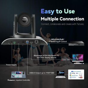 Tenveo NDI PTZ Camera 20X Optical Zoom, AI Auto Tracking, 1080P 60FPS, LAN/USB3.0/HDMI PoE Camera for Church Services Worship Video Conference Live Events Youtube OBS