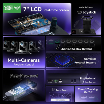 Tenveo NDI PTZ Camera Controller, 7" LCD Quad-Screen Real-time Preview, 4D PTZ Joystick Controller, NDI License Included, Support NDI PoE VISCA Pelco-D/P for Church Worship Live...