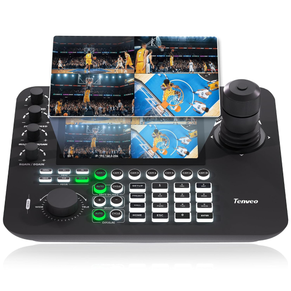 Tenveo NDI PTZ Camera Controller, 7" LCD Quad-Screen Real-time Preview, 4D PTZ Joystick Controller, NDI License Included, Support NDI PoE VISCA Pelco-D/P for Church Worship Live...