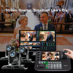 Tenveo NDI PTZ Camera Controller, 7" LCD Quad-Screen Real-time Preview, 4D PTZ Joystick Controller, NDI License Included, Support NDI PoE VISCA Pelco-D/P for Church Worship Live...