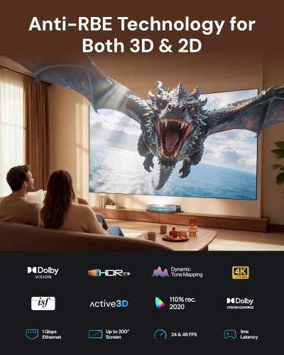 AWOL Aetherion Max 4K RGB Triple Laser Ultra Short Throw Projector, 3300 ISO Lumens, 6000:1 Contrast, World's First 200" 4K UST,PixelLock™ Tech, Dolby Vision Gaming,1ms LL,TV...