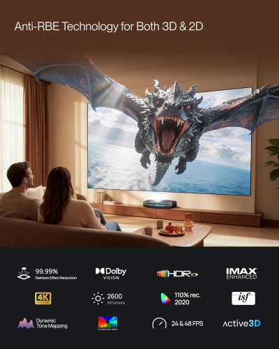 AWOL Aetherion Pro 4K Ultra Short Throw Triple Laser Projector, 2600 ISO Lumens, PixelLock Clarity, 6000:1 Native Contrast, Anti–RBE Technology, 200" Display, Dolby Vision, Home...