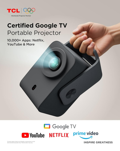 TCL C1 Portable Projector for Home Cinema & Bedroom, Native 1080P 4K Supported Mini Projector, Licensed Google TV & Netflix, WiFi, Bluetooth, Auto Focus Smart Projector